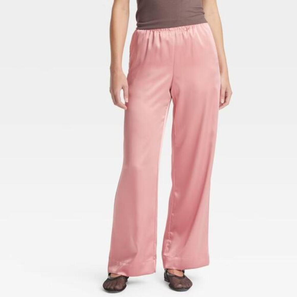 A New Day Women's Mid Rise Straight Leg Satin Pull‎ On Pants Pink Size XS